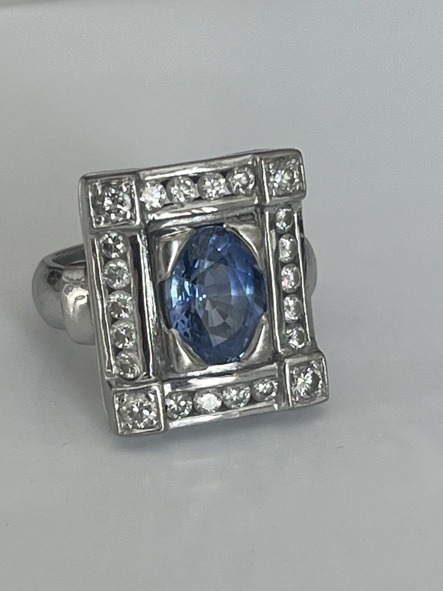 6824- Bague Moderniste Or Gris Saphir Diamants-photo-1