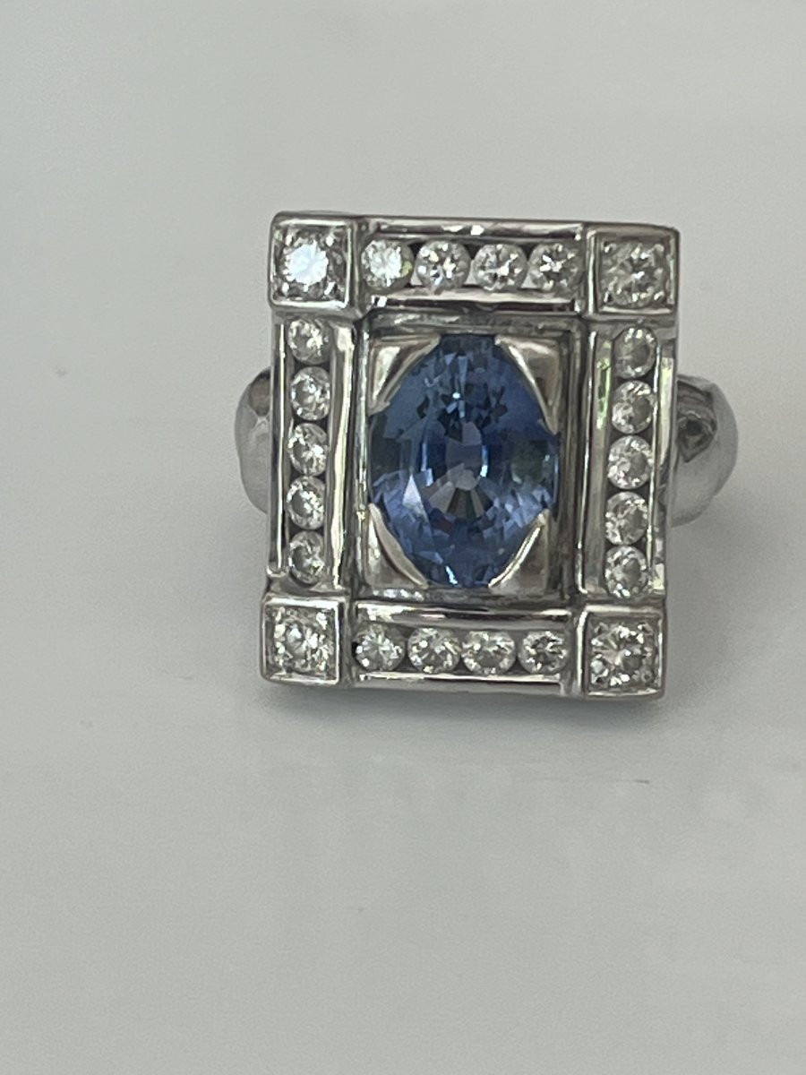 6824- Bague Moderniste Or Gris Saphir Diamants-photo-2