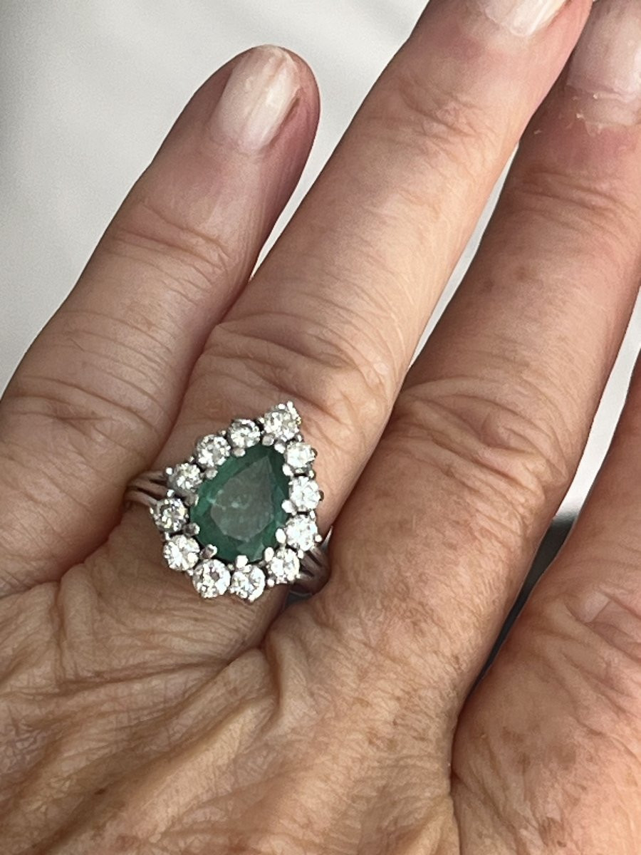 6825- Platinum Ring White Gold Emerald Pear Diamonds-photo-2