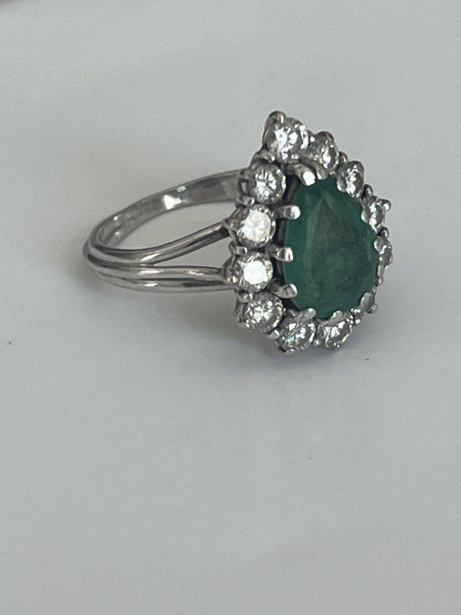 6825- Platinum Ring White Gold Emerald Pear Diamonds-photo-1