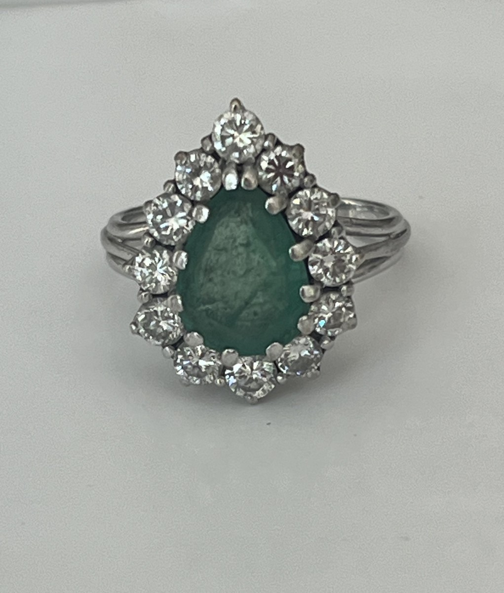 6825- Platinum Ring White Gold Emerald Pear Diamonds