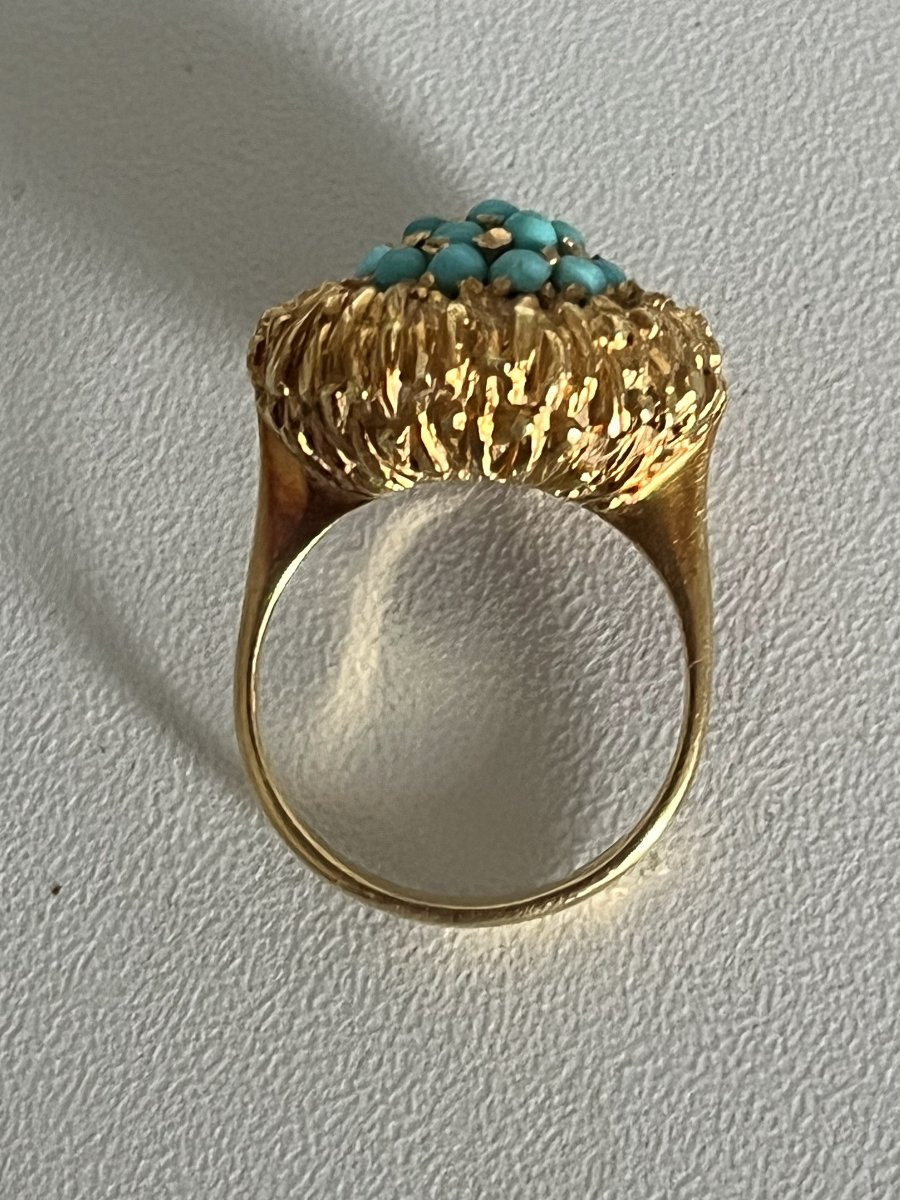 6591- Bague Dôme Or Jaune Texturé Turquoises-photo-3