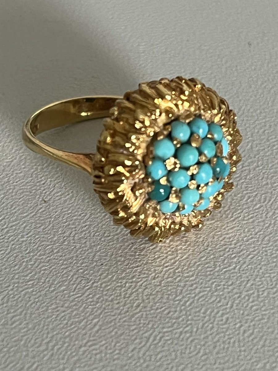 6591- Bague Dôme Or Jaune Texturé Turquoises-photo-4