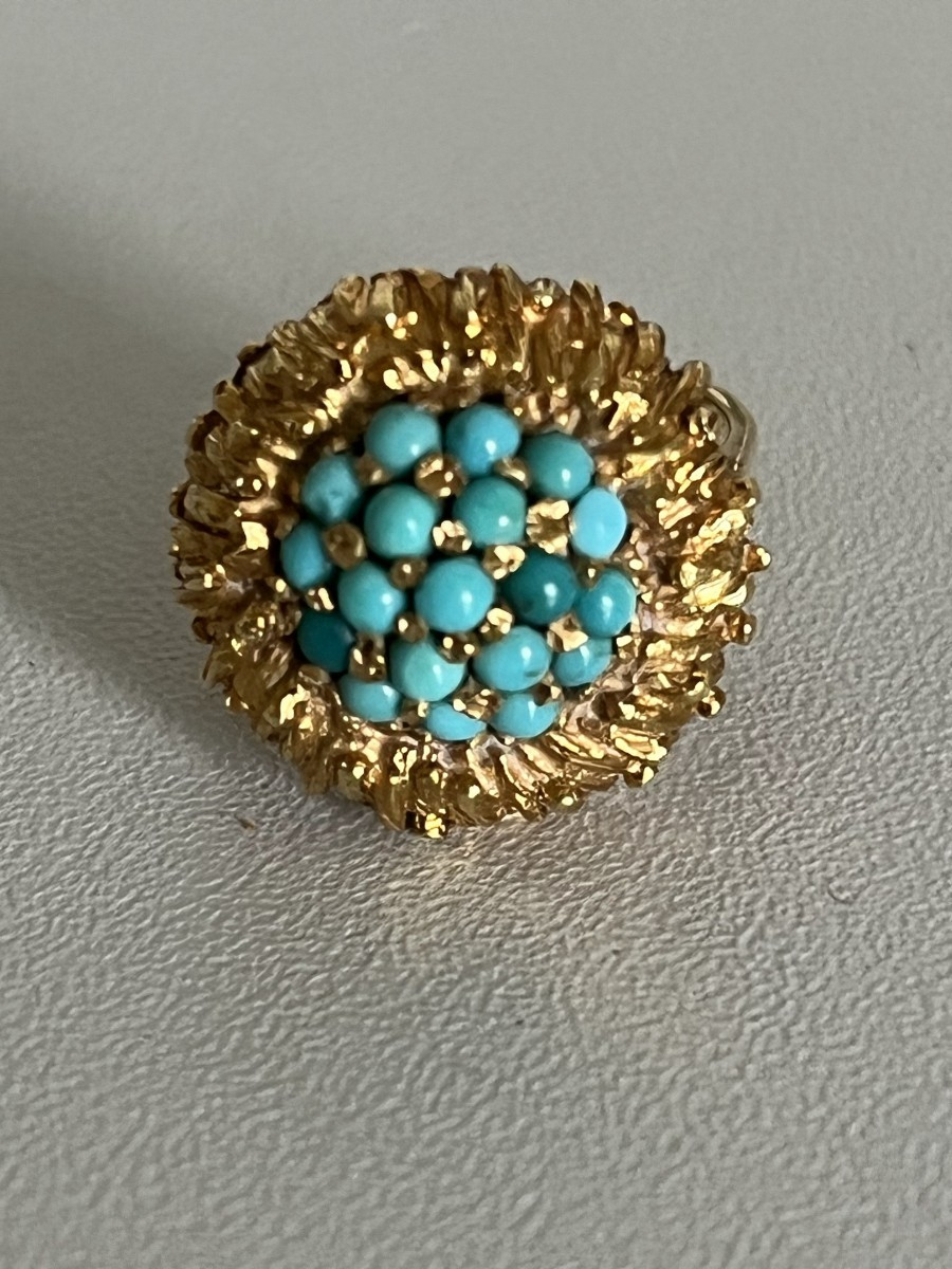 6591- Bague Dôme Or Jaune Texturé Turquoises