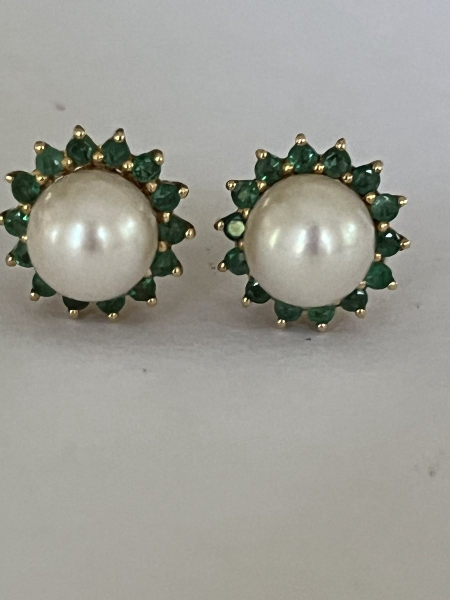 6617- Boucles d'Oreilles Or Jaune Perles Akoya Emeraudes-photo-2