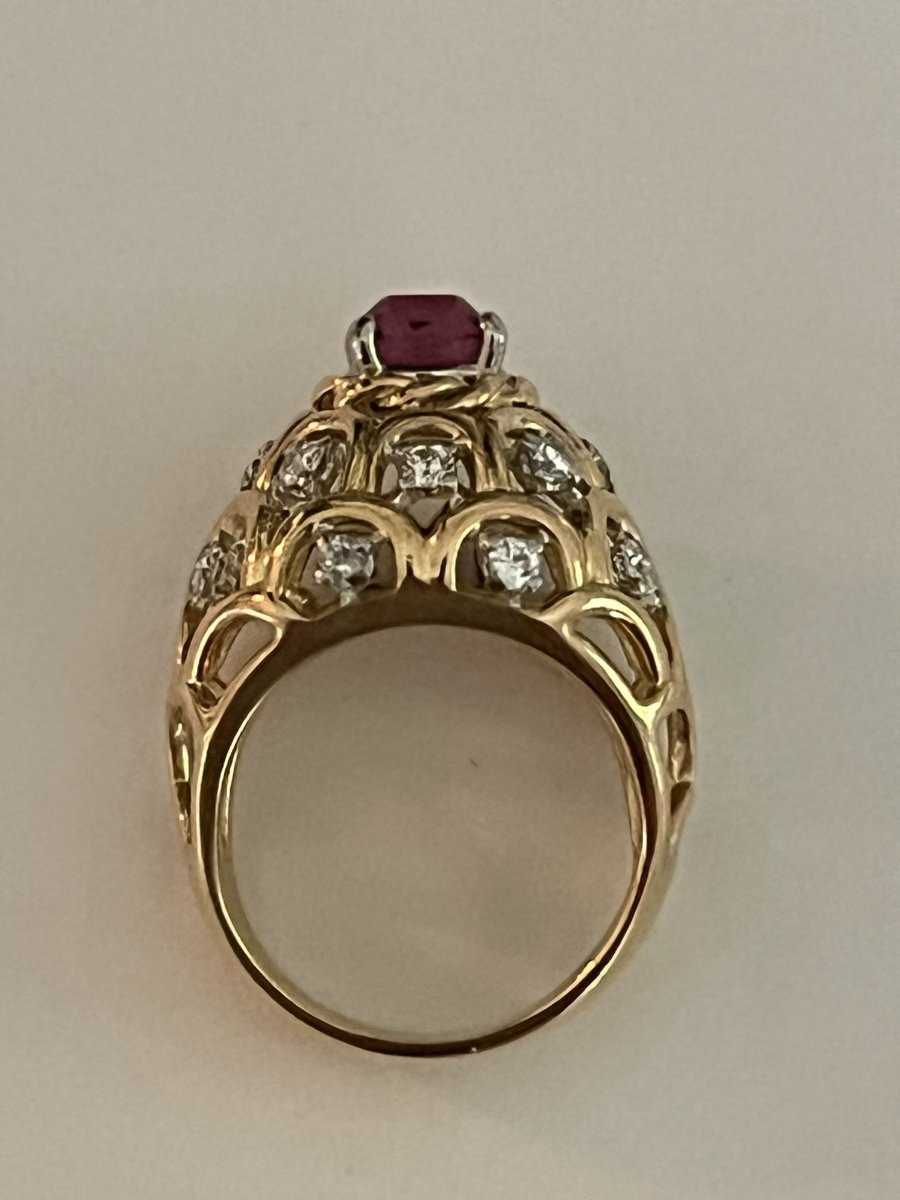 6653- Yellow Gold Dome Ring Red Spinel Diamonds-photo-3