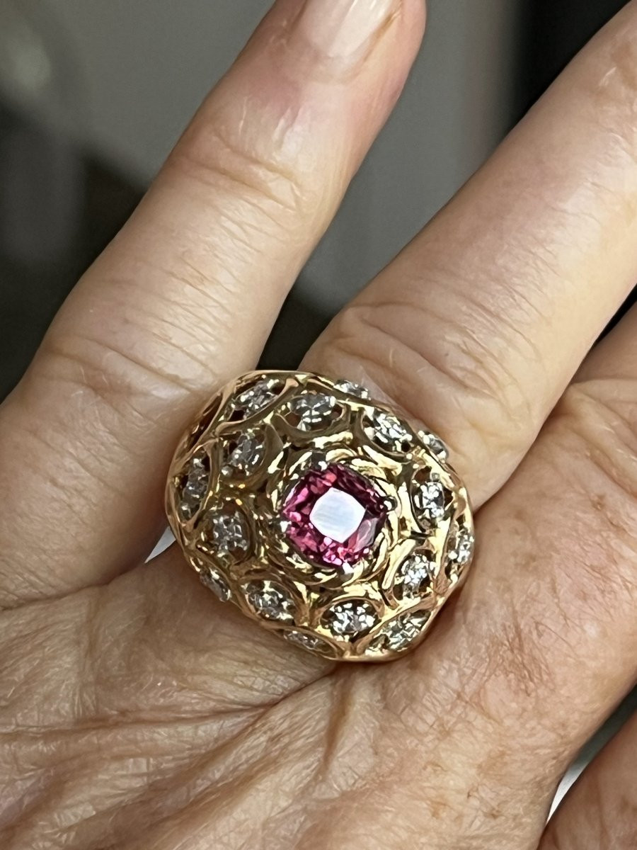 6653- Yellow Gold Dome Ring Red Spinel Diamonds-photo-1