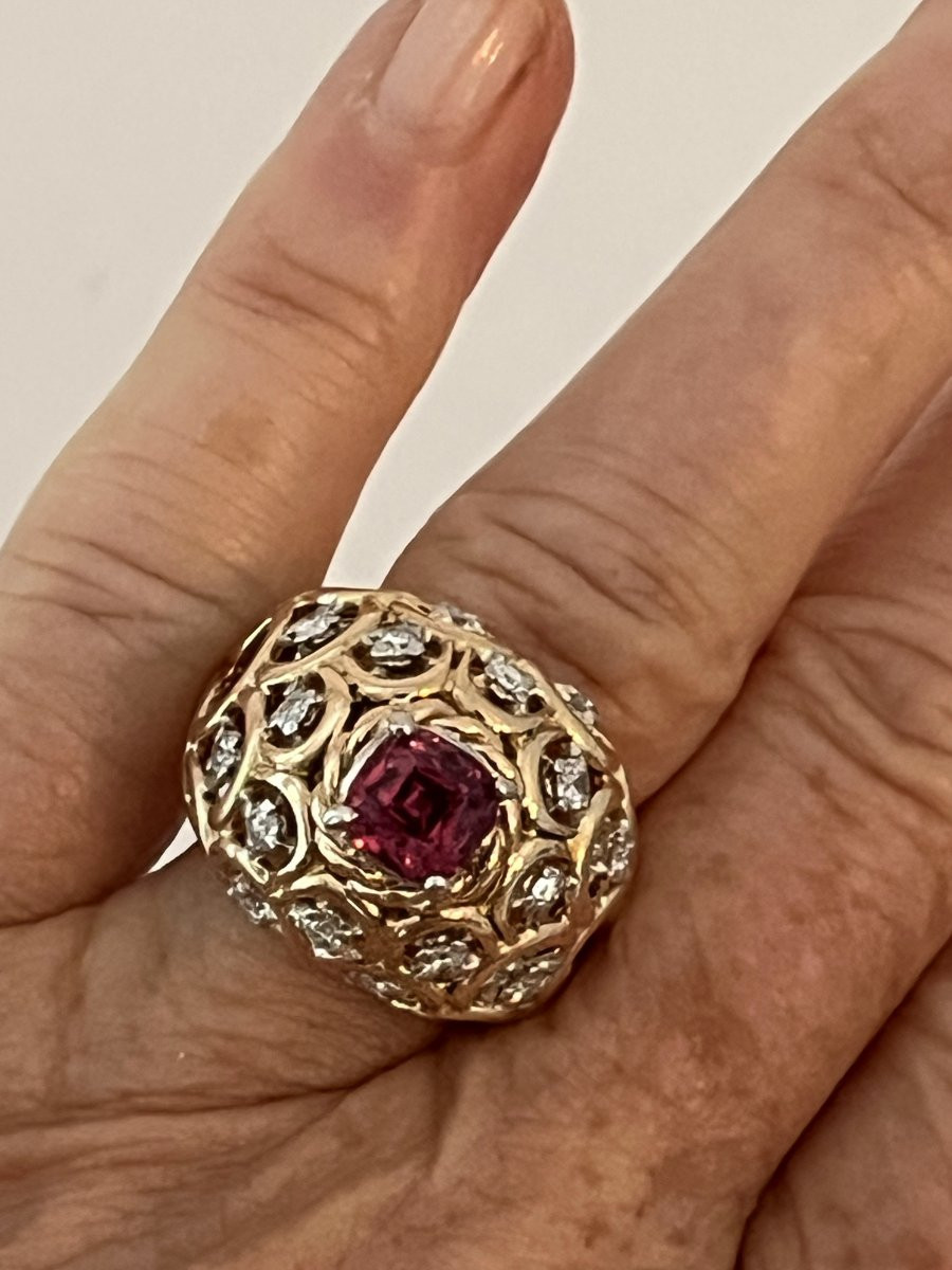 6653- Yellow Gold Dome Ring Red Spinel Diamonds-photo-2