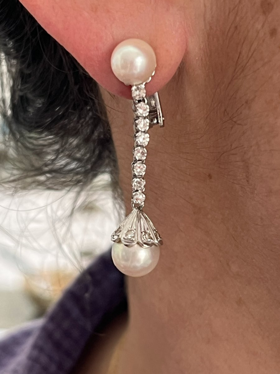 6656- Boucles d'Oreilles Pendants Or Gris Perles Akoya Diamants-photo-2
