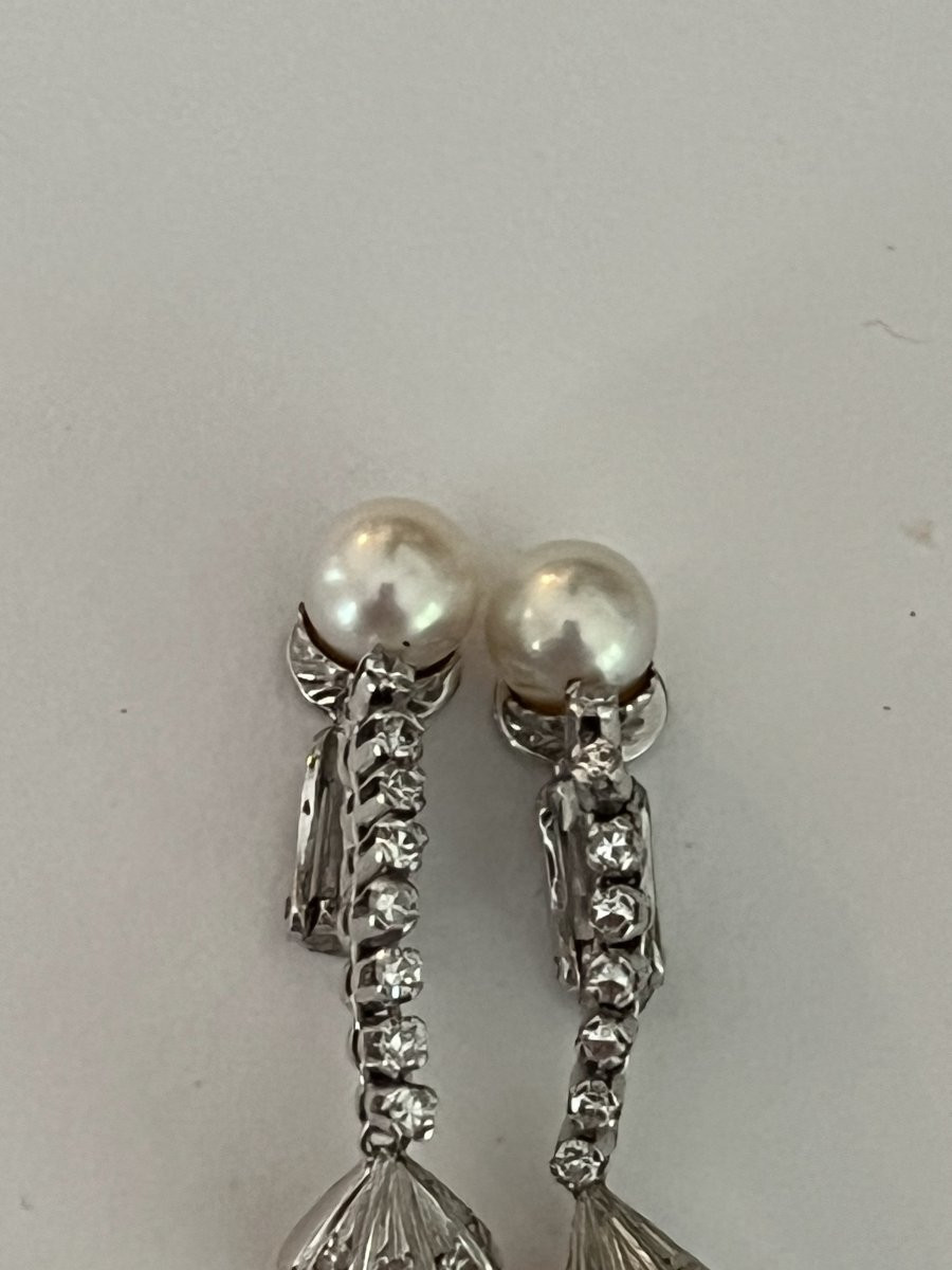 6656- Boucles d'Oreilles Pendants Or Gris Perles Akoya Diamants-photo-4