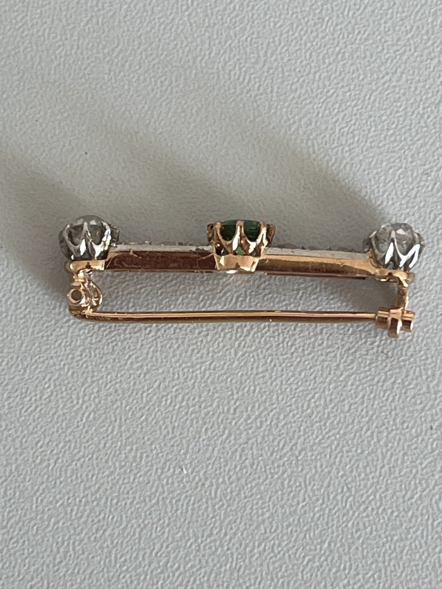 1041- Antique Yellow And Grey Gold Barrette Brooch Tsavorite Garnet Diamonds-photo-3