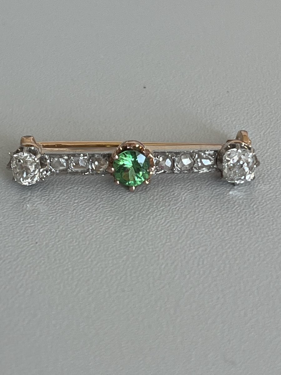 1041- Antique Yellow And Grey Gold Barrette Brooch Tsavorite Garnet Diamonds-photo-4