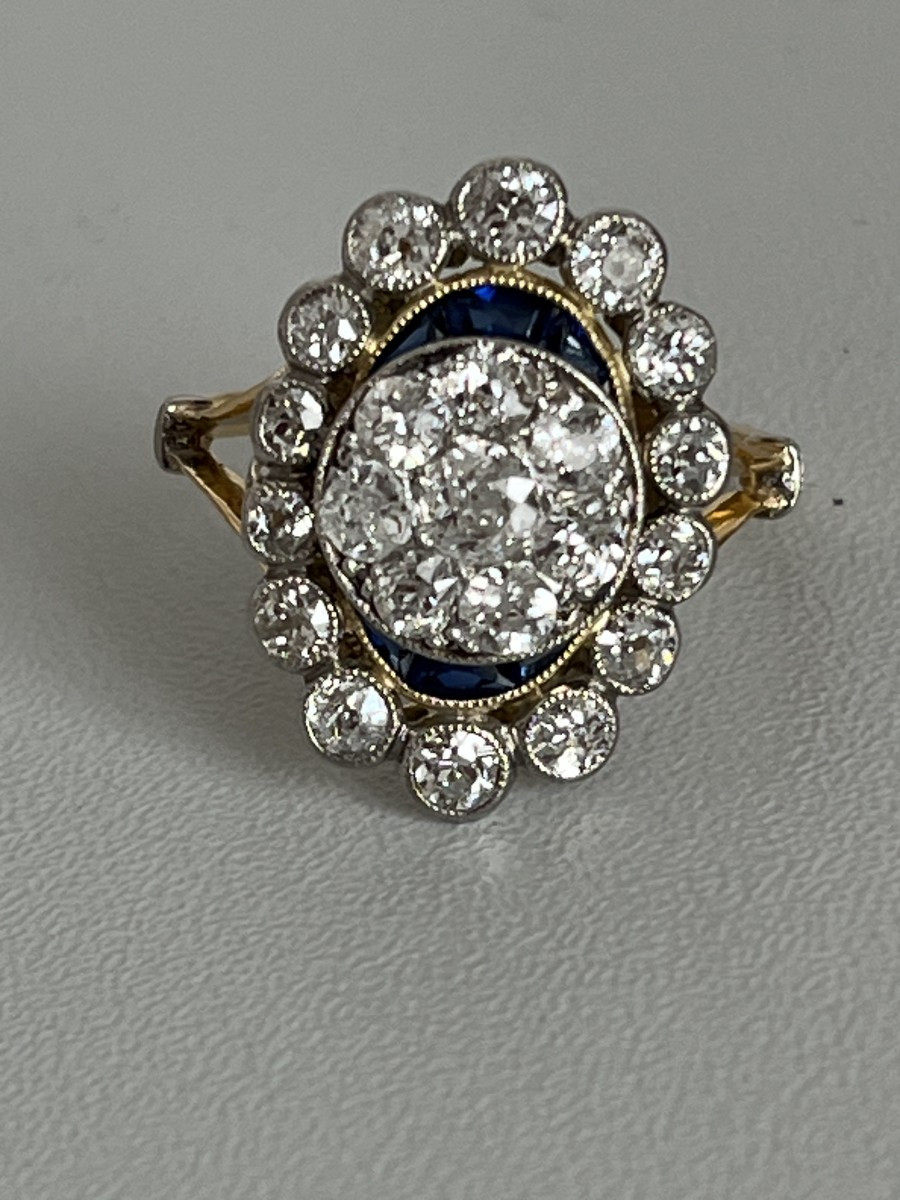 6756- Bague Marguerite Ancienne Or Jaune Platine Diamants