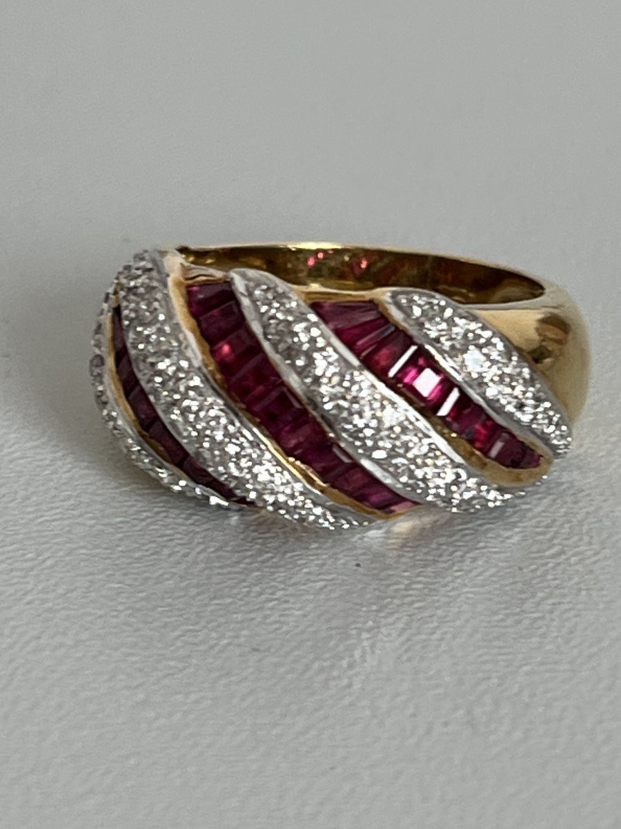 6761- Bague Bandeau Or Jaune et Gris Diamants Rubis-photo-4