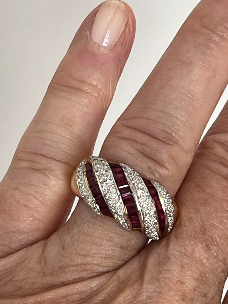 6761- Bague Bandeau Or Jaune et Gris Diamants Rubis-photo-1