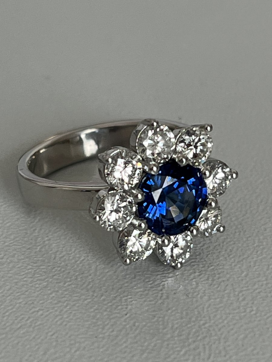 6762- Platinum Flower Ring Ceylon Sapphire Royal Blue Diamonds-photo-1