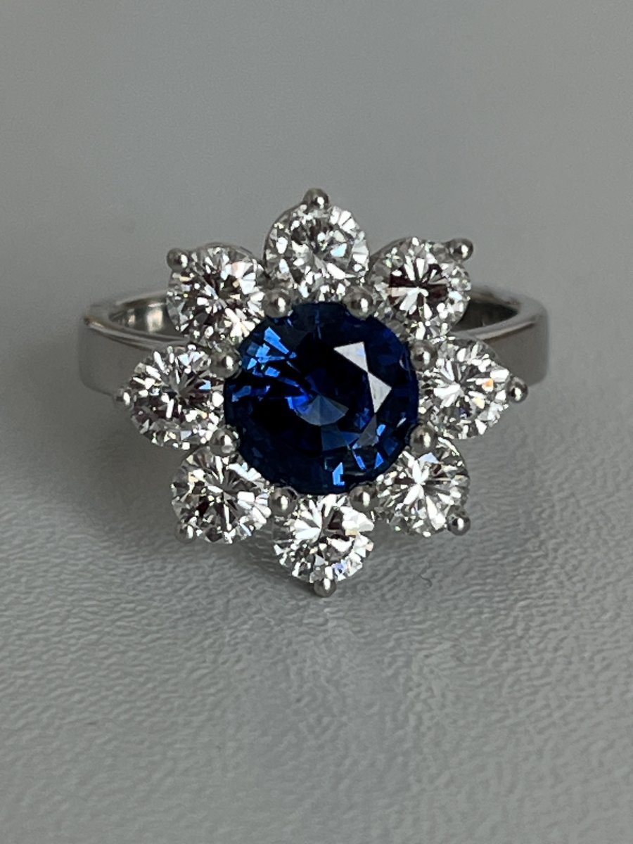 6762- Platinum Flower Ring Ceylon Sapphire Royal Blue Diamonds-photo-2