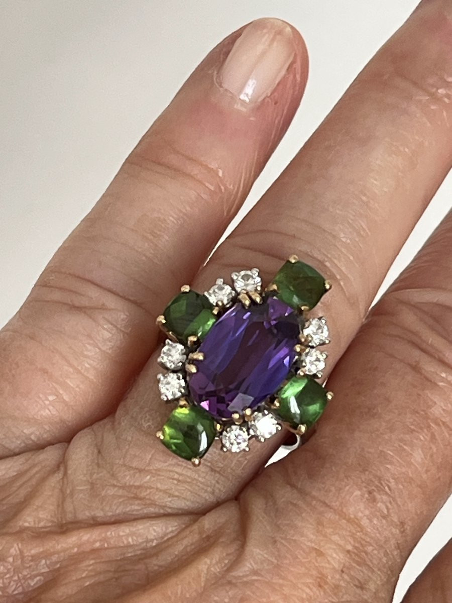 6744- Yellow Gold And White Gold Ring Amethyst Tourmalines Diamonds-photo-2