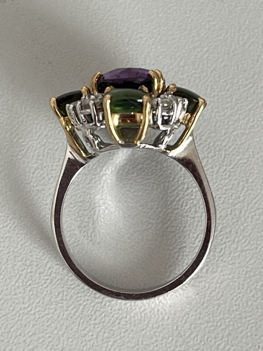 6744- Yellow Gold And White Gold Ring Amethyst Tourmalines Diamonds-photo-4