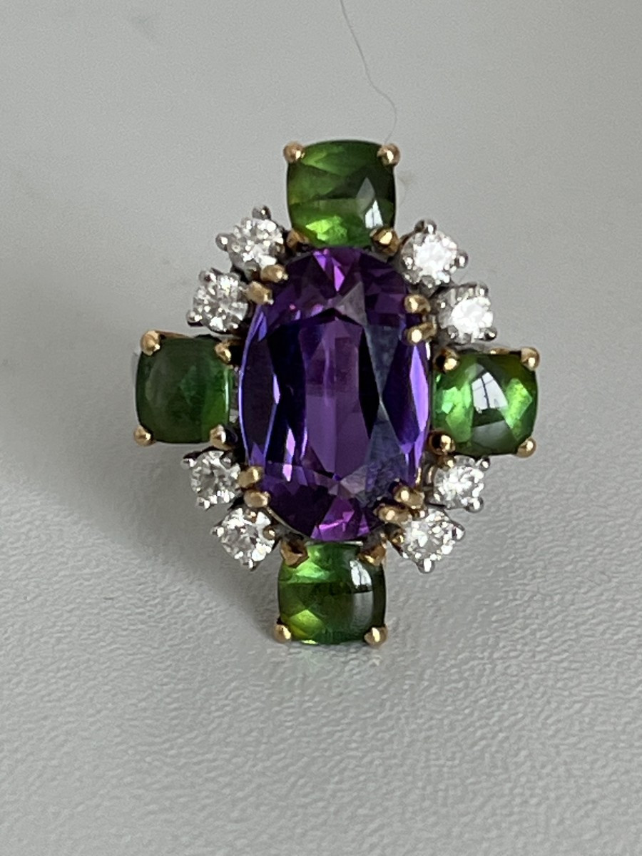 6744- Yellow Gold And White Gold Ring Amethyst Tourmalines Diamonds