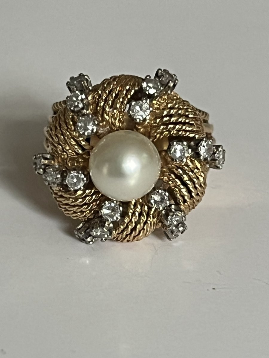 6872- Bague Dôme Or Jaune Perle Akoya Diamants-photo-2