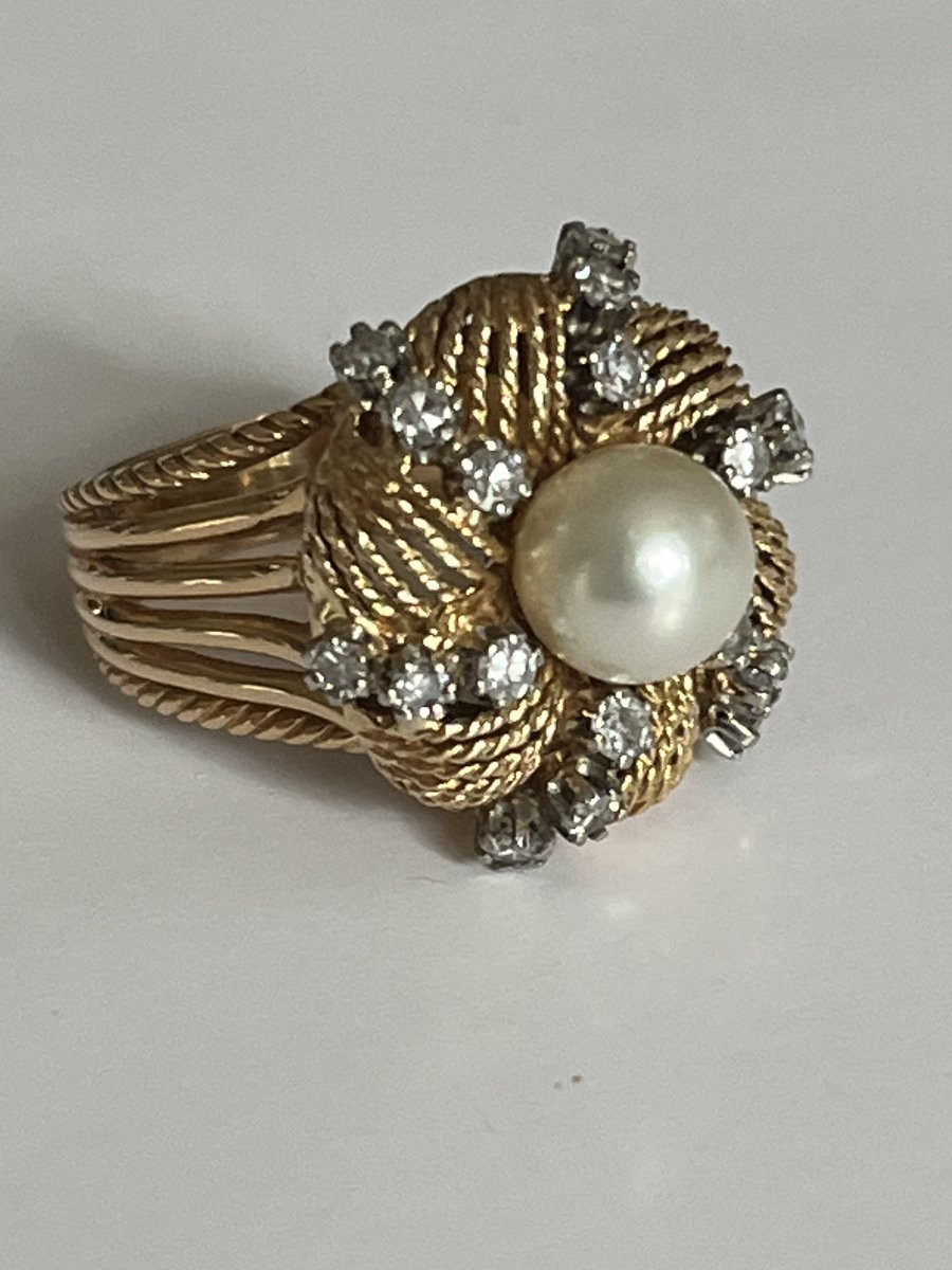 6872- Bague Dôme Or Jaune Perle Akoya Diamants-photo-4