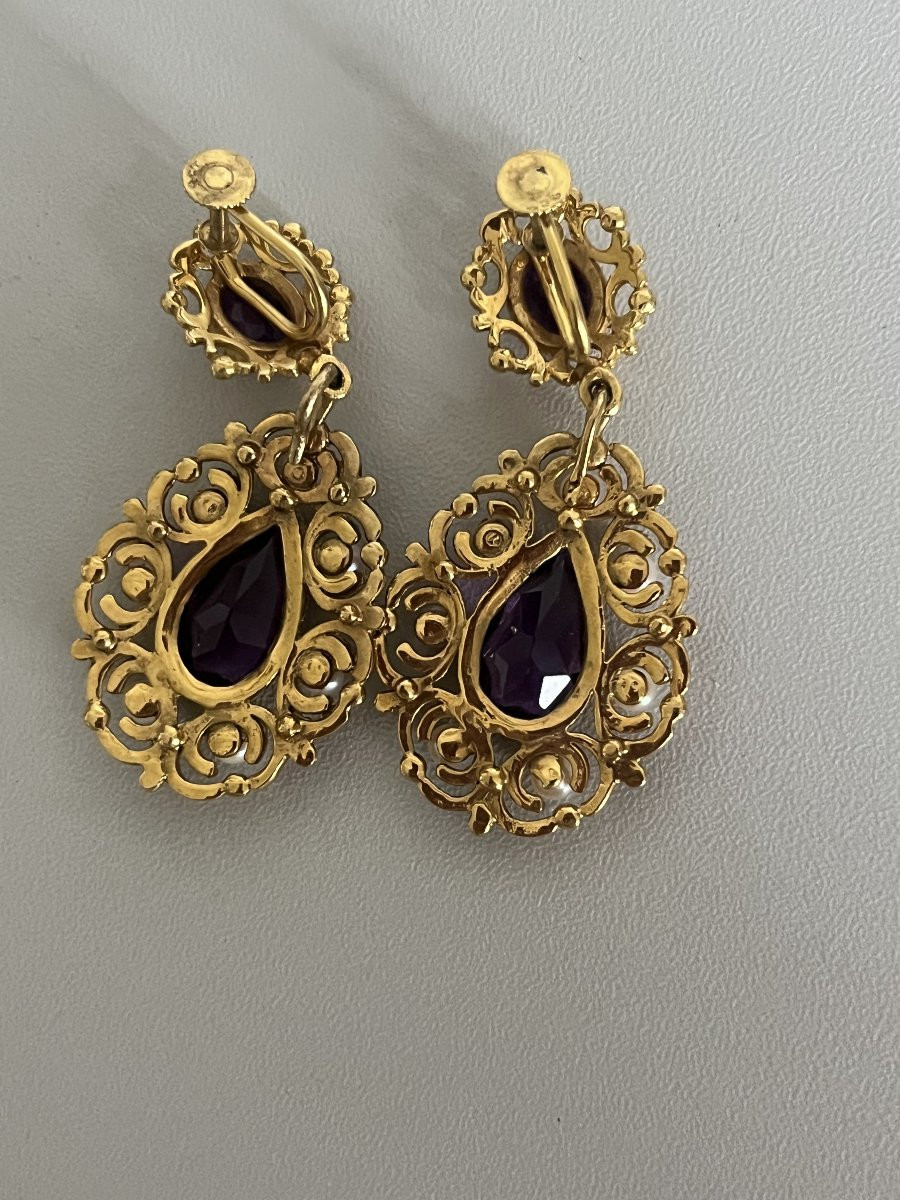 6898- Boucles d'Oreilles Anciennes Or Jaune Améthystes Perles Akoya-photo-4