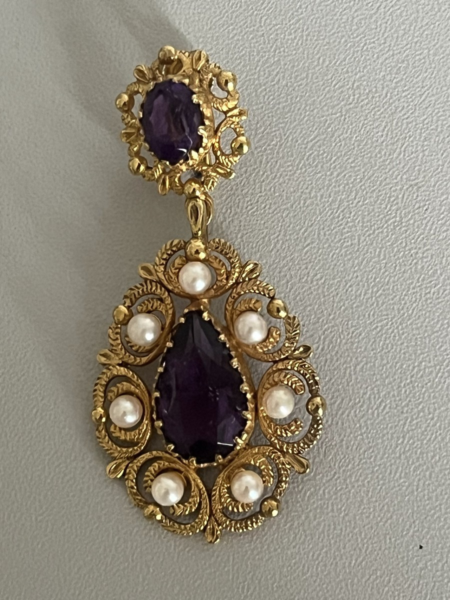 6898- Boucles d'Oreilles Anciennes Or Jaune Améthystes Perles Akoya-photo-1