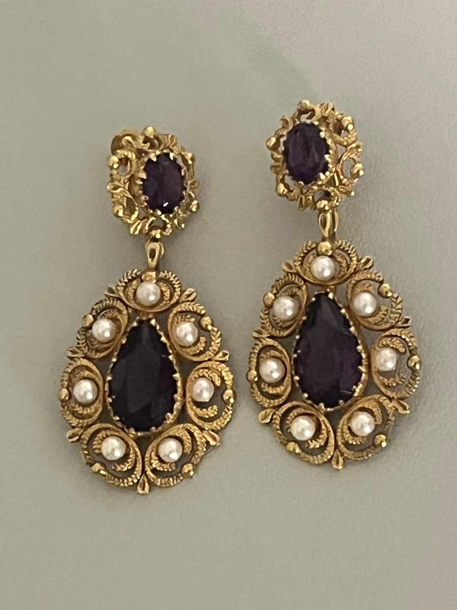 6898- Boucles d'Oreilles Anciennes Or Jaune Améthystes Perles Akoya
