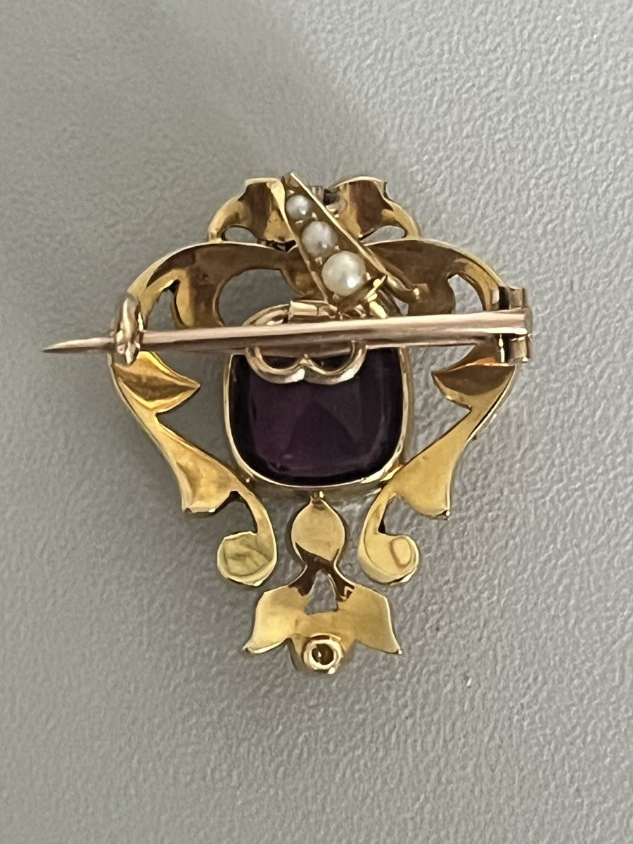 6899- Antique Yellow Gold Amethyst Akoya Pearl Pendant-photo-2