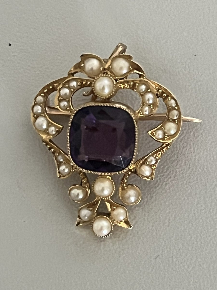 6899- Antique Yellow Gold Amethyst Akoya Pearl Pendant-photo-3