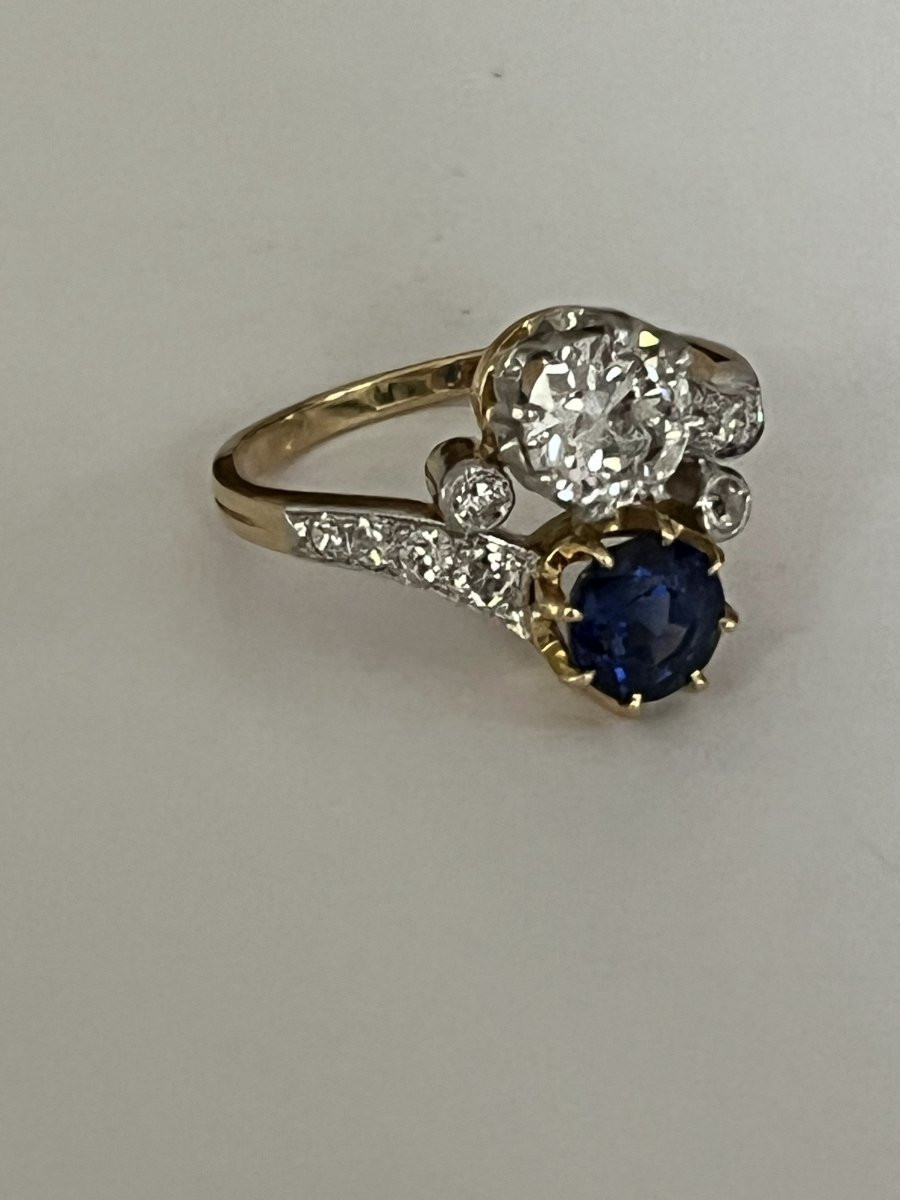 6903- Antique Toi & Moi Ring Platinum Yellow Gold Sapphire Diamonds-photo-4