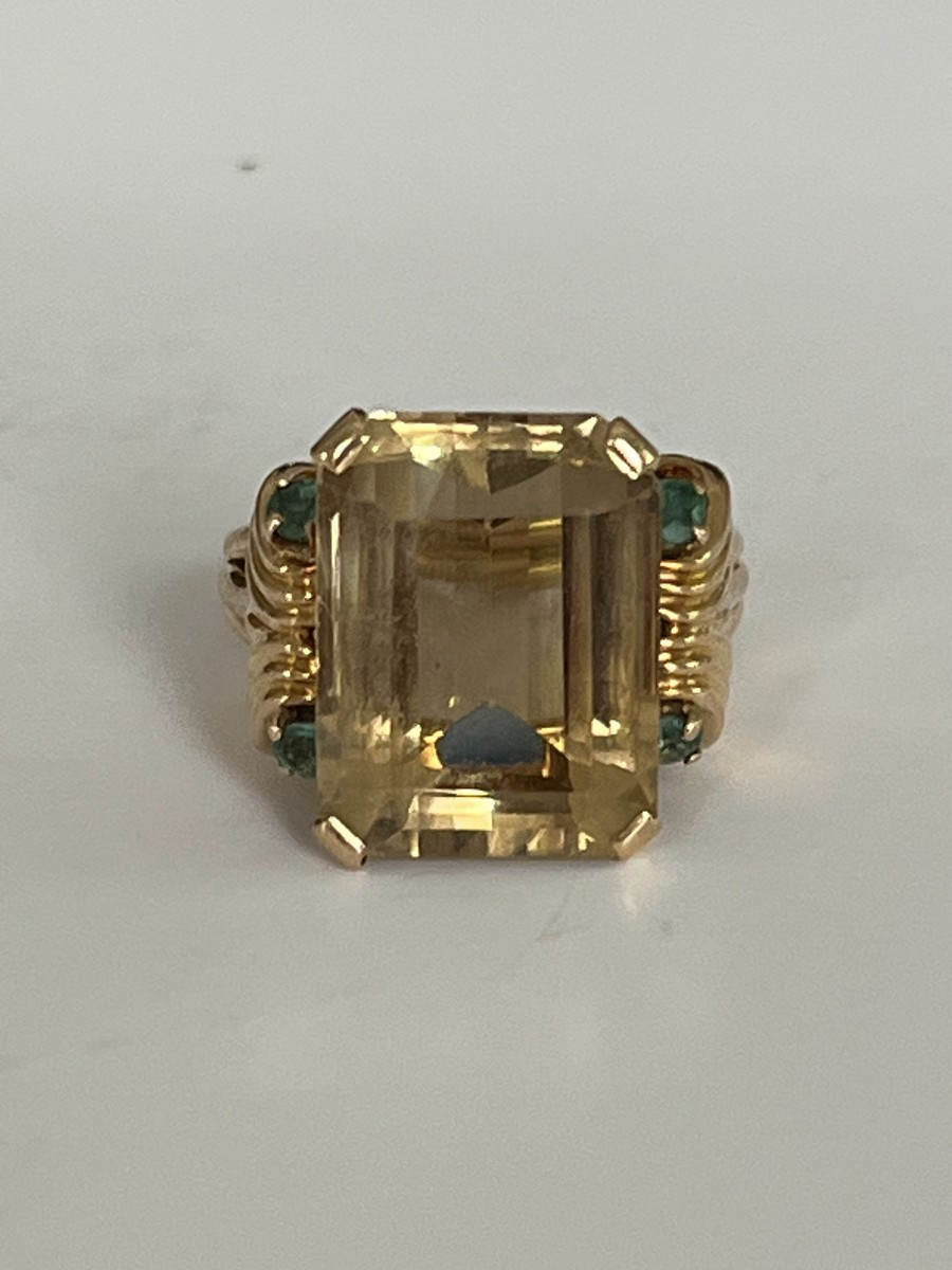 6672- Bague Or Jaune Citrine Emeraudes