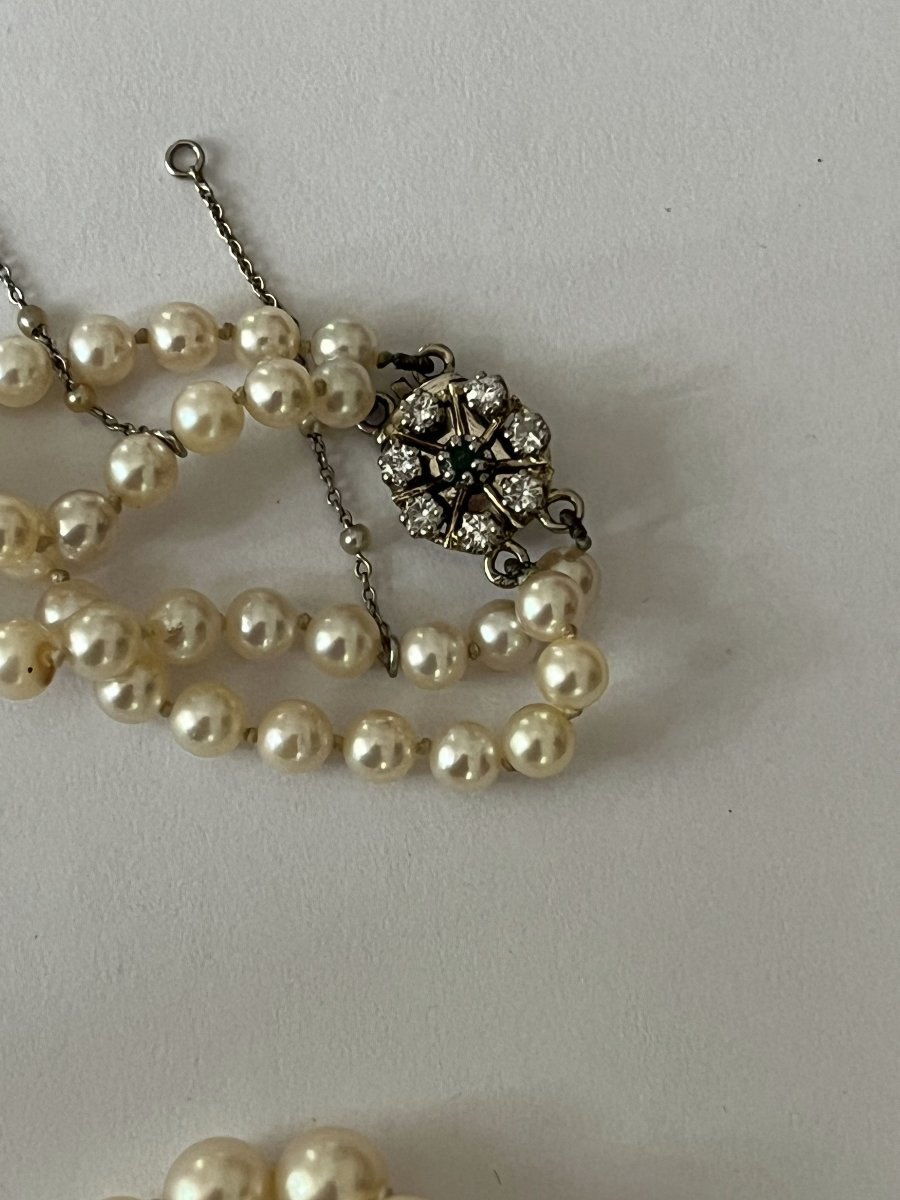 2384- 2 Row Akoya Pearl Necklace White Gold Clasp Emerald Diamonds-photo-2