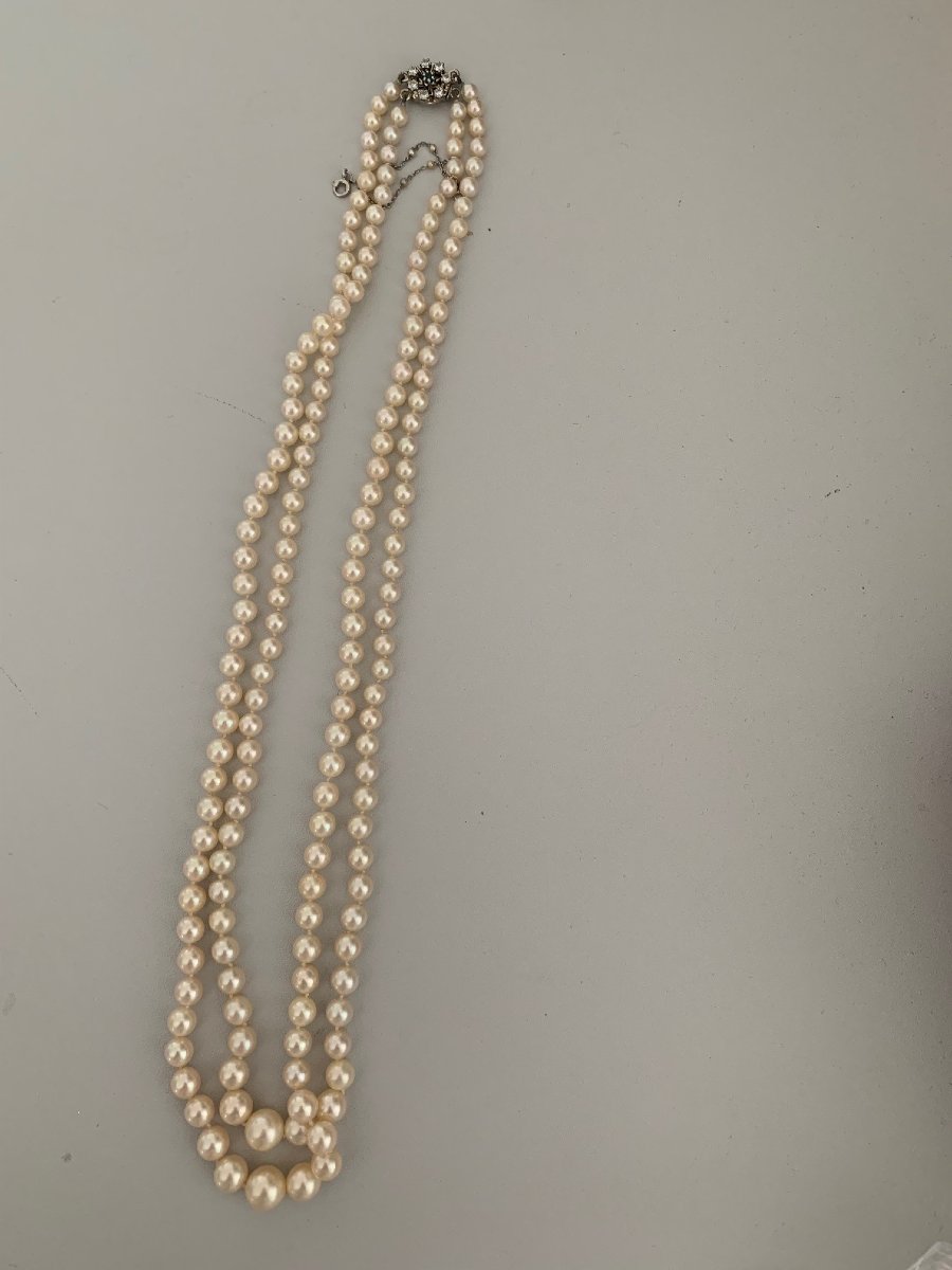 2384- 2 Row Akoya Pearl Necklace White Gold Clasp Emerald Diamonds-photo-4