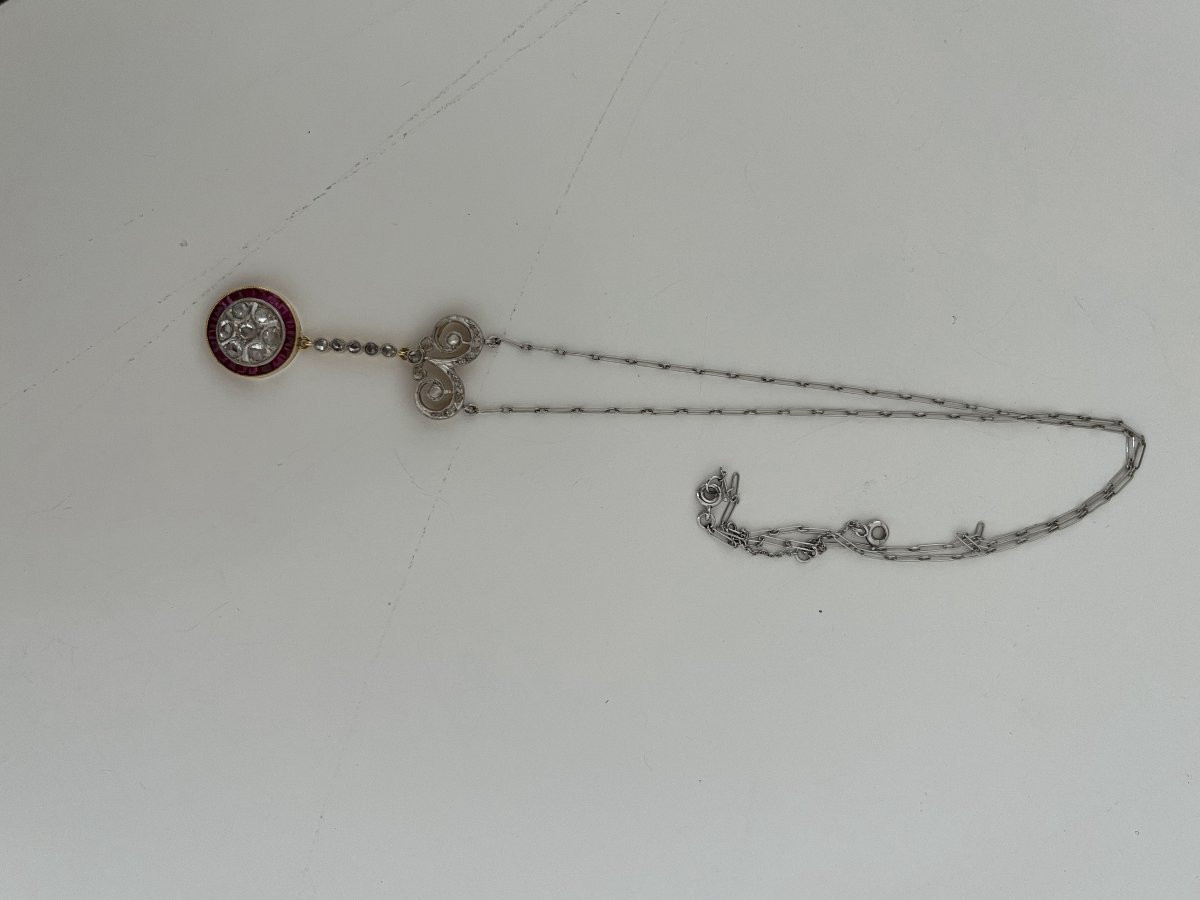 6951- Collier Négligé Or Jaune Platine Diamants Rubis-photo-4