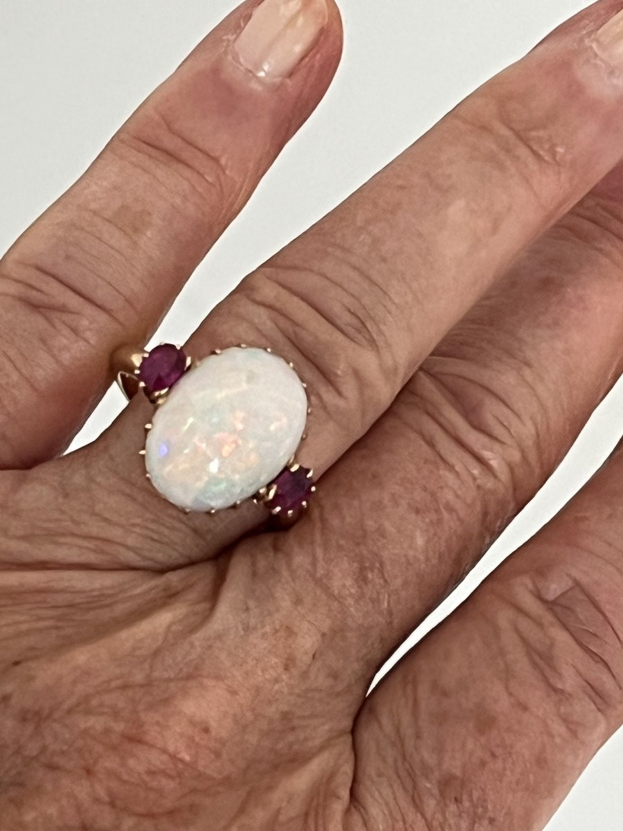 6952- Yellow Gold Opal Cabochon Ruby Ring-photo-2