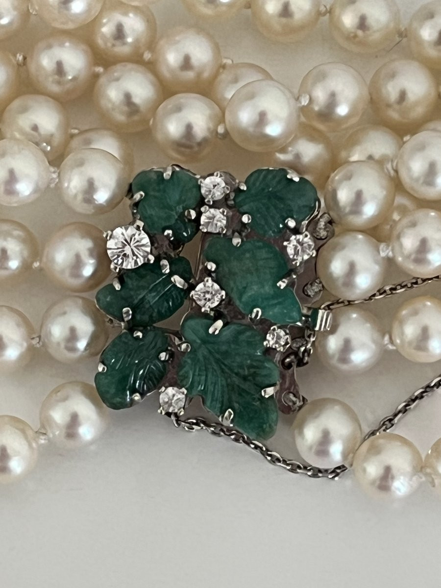 6955- 4 Row Pearl Bracelet Yellow Gold Clasp Engraved Emeralds-photo-4