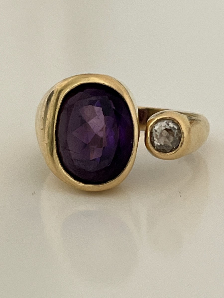 6961- Yellow Gold Amethyst Diamond Designer Ring