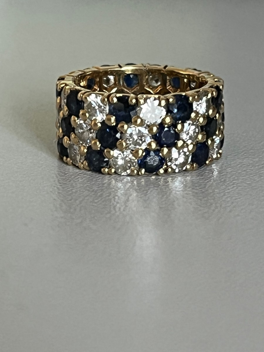4208- Bague Bandeau Or Jaune Saphirs Diamants