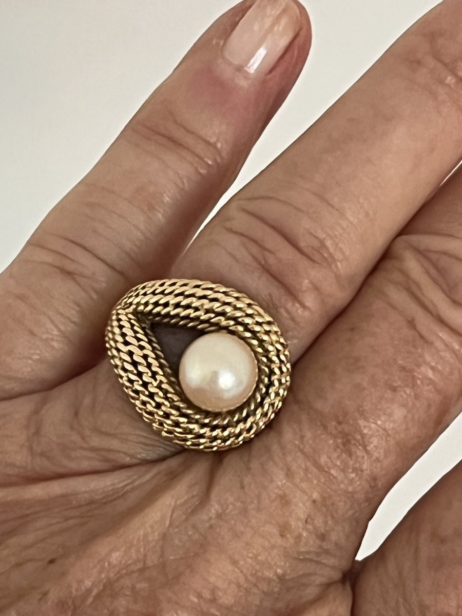 7003- Yellow Gold Thread Ring With Akoya Pearl-photo-2