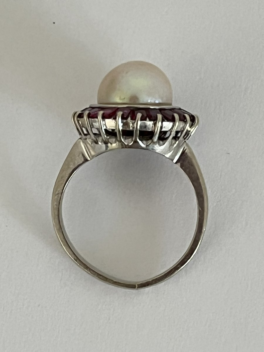7028- Bague Ancienne Or Gris Perle Akoya Rubis-photo-3