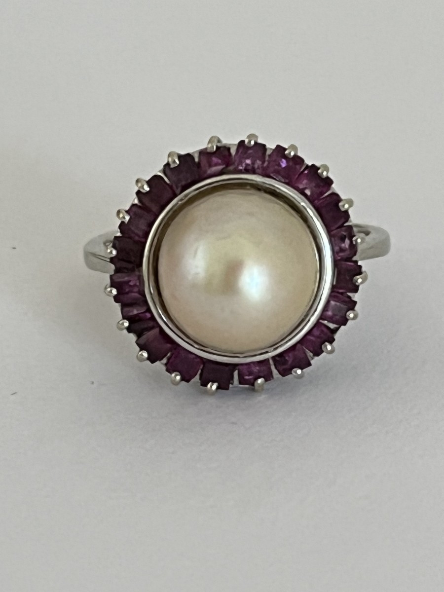 7028- Bague Ancienne Or Gris Perle Akoya Rubis