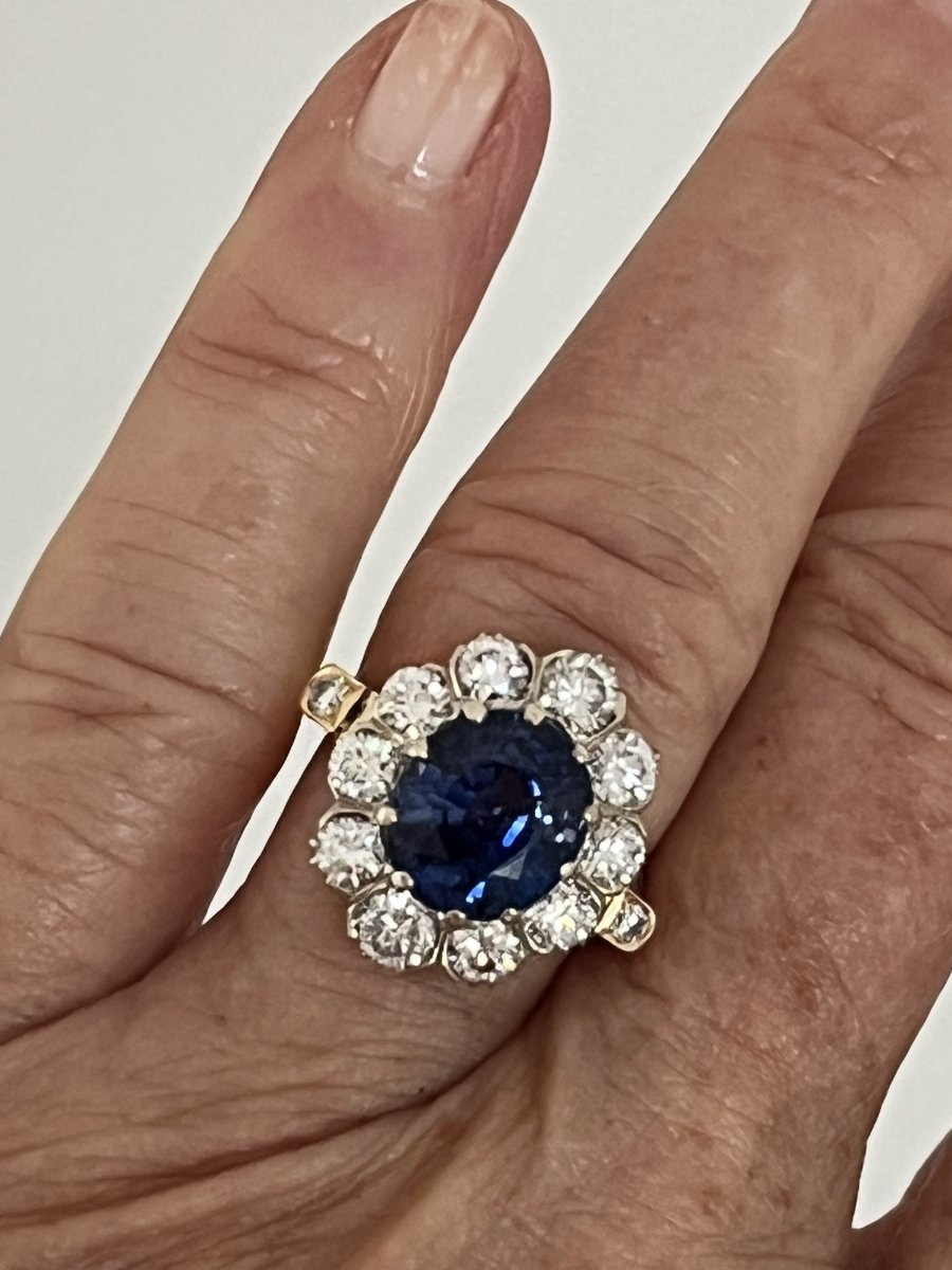 7034- Pompadour Ring Yellow Gold Ceylon Sapphire 4.70 Ct Diamonds-photo-2