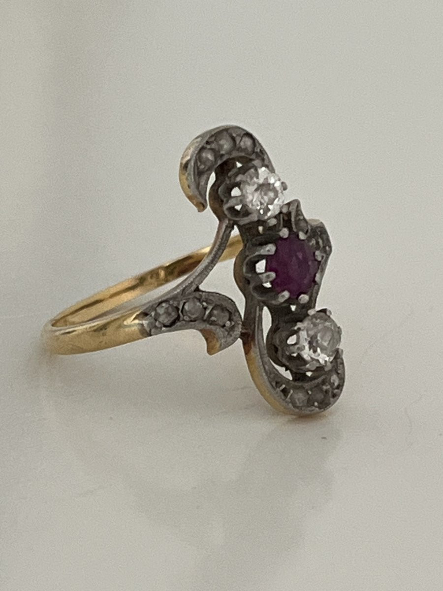 6852- Antique Yellow Gold Ruby Diamond Ring-photo-3