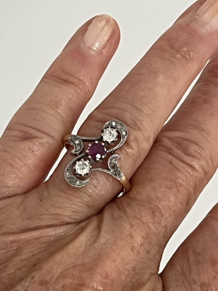 6852- Antique Yellow Gold Ruby Diamond Ring-photo-4