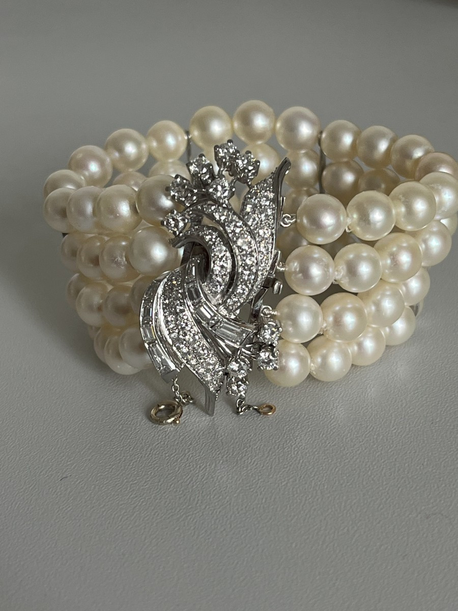 6877- Bracelet 4 Rangs Perles Akoya Diamants