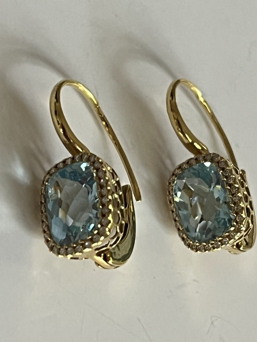 6919- Yellow Gold Topaz And Diamond Sleeper Earrings-photo-3