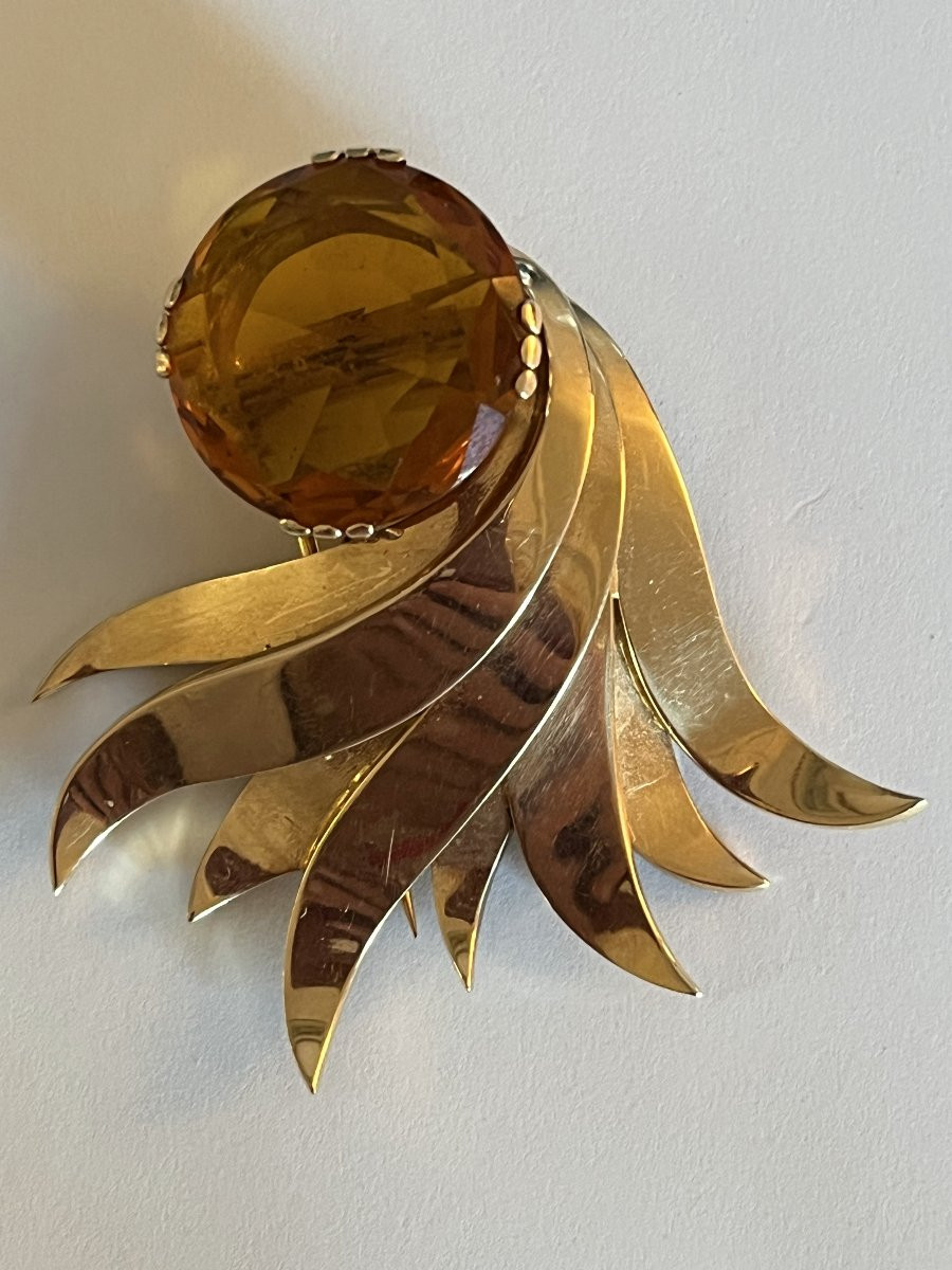 3754- Importante Broche Soleil Or Jaune Citrine-photo-3