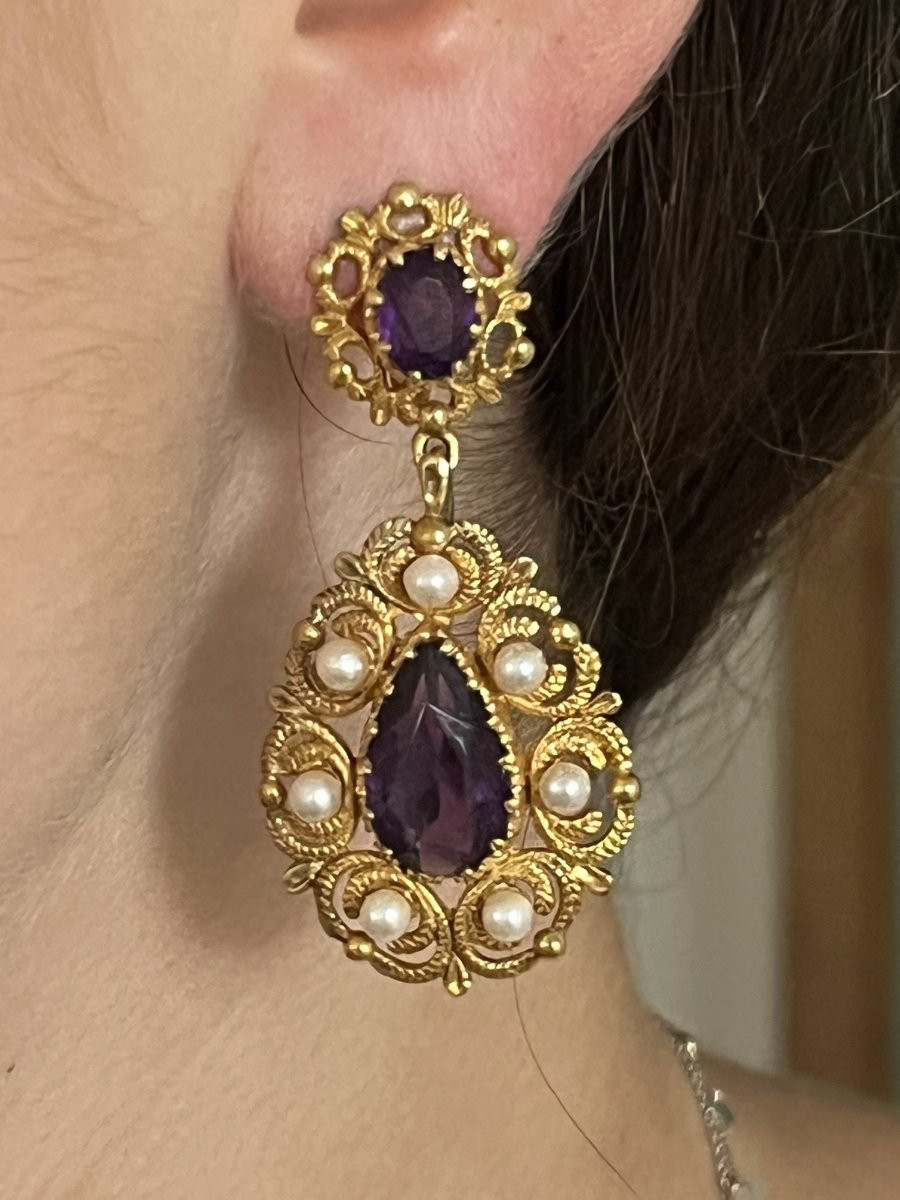 6898 - Antique Yellow Gold Earrings With Amethysts And Pearls-photo-2